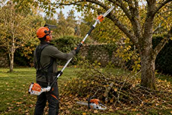 Podadora y motosierra para cortar ramas y restos de poda en el jardín