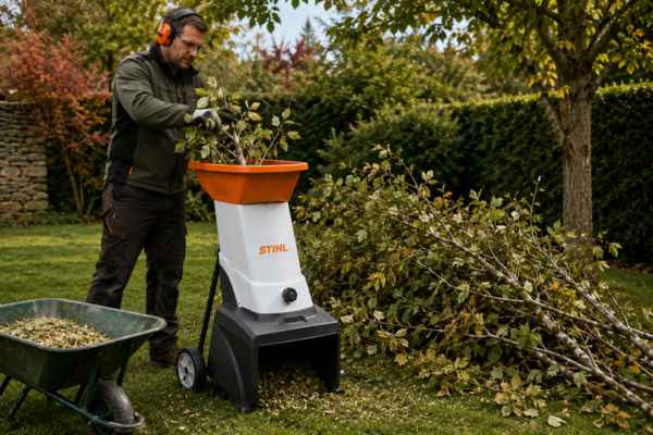 Biotrituradora para reducir ramas y restos vegetales después de la poda en otoño