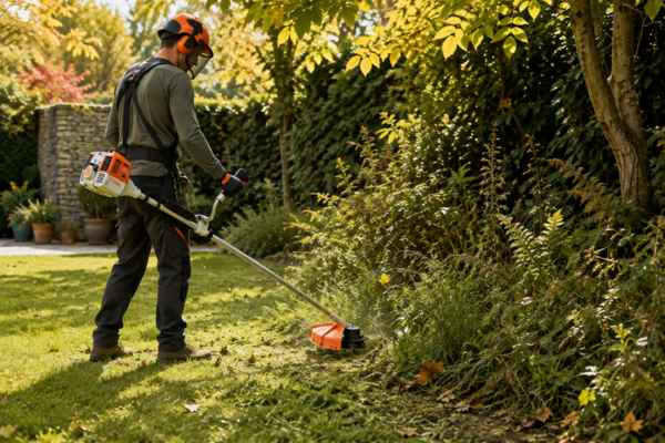 Uso de una desbrozadora para limpiar la vegetación del jardín en otoño