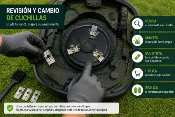Revisión y cambio de cuchillas de un robot cortacésped