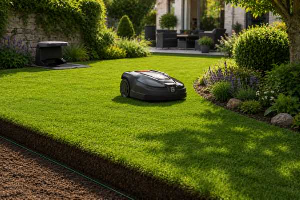 Robot cortacésped con cable perimetral instalado en un jardín