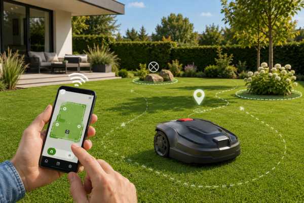 Robot cortacésped sin cable utilizando navegación inteligente en un jardín