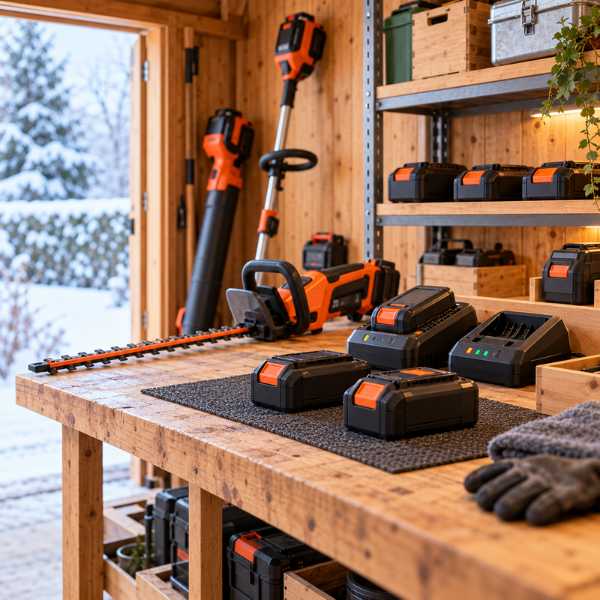 Baterías de maquinaria de jardinería almacenadas de forma ordenada en un lugar seco y protegido durante el invierno