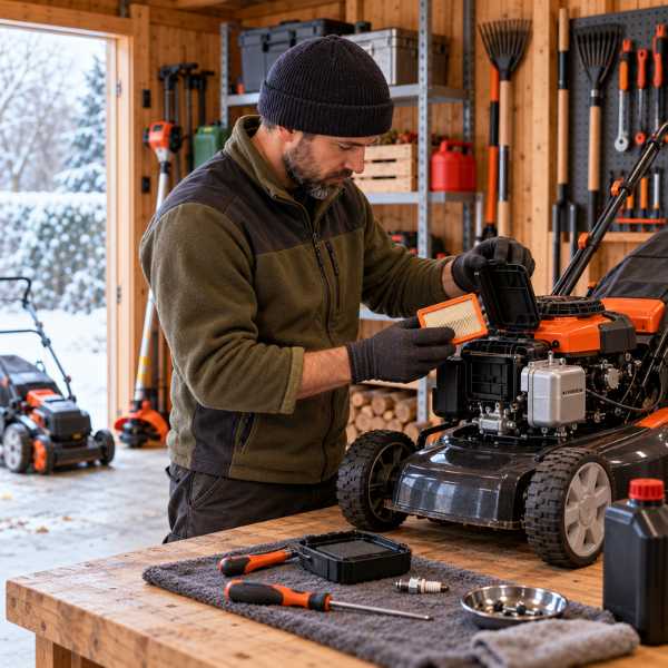 Técnico revisando una máquina de jardinería en un taller antes de su almacenamiento durante el invierno